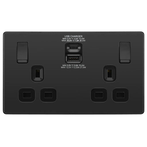 BG Electrical Evolve Black Chrome - Double, switched, single pole, with 30W fast charge USB A + USB C