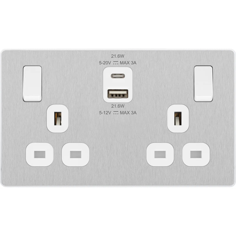 BG Electrical Evolve Brushed Steel - Double switched single pole, with USB A + C (22W)