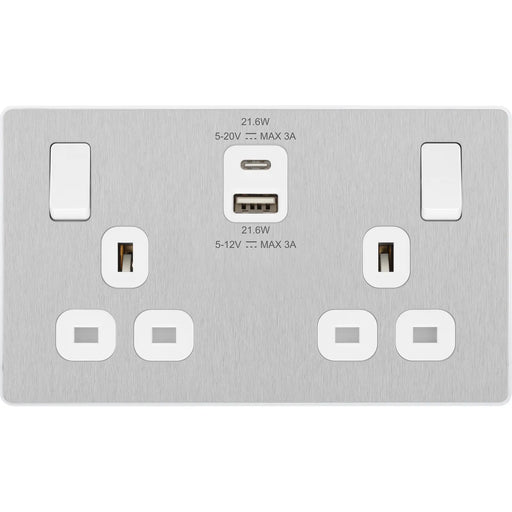 BG Electrical Evolve Brushed Steel - Double switched single pole, with USB A + C (22W)