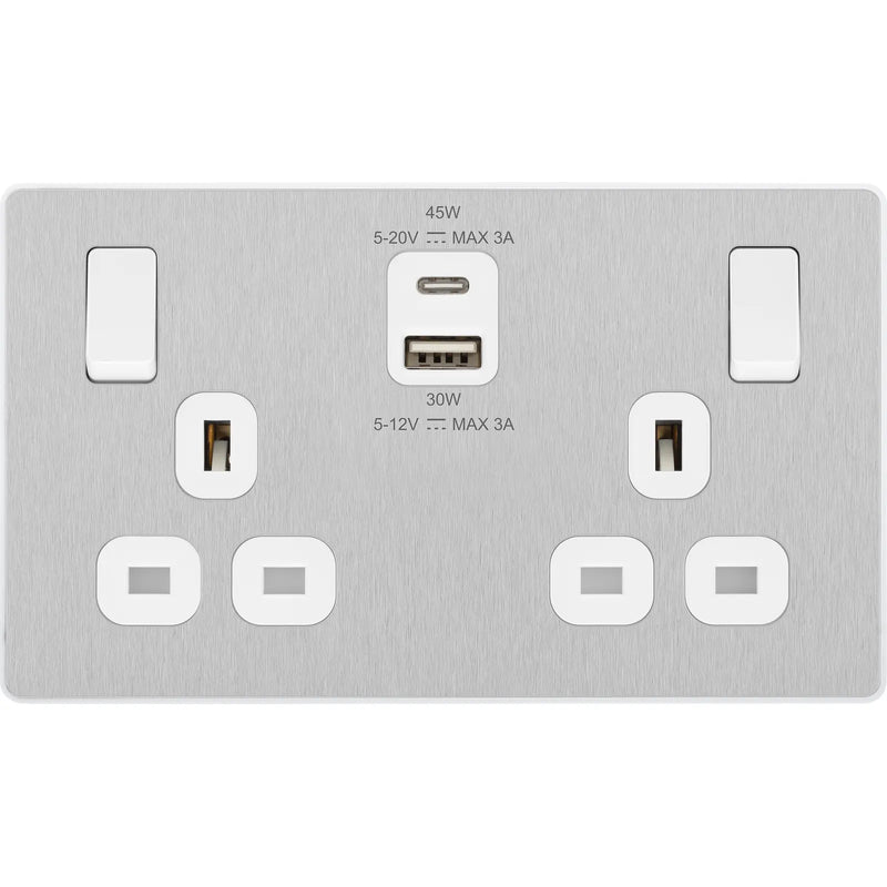 BG Electrical Evolve Brushed Steel - Double switched single pole, with USB A + C (45W)