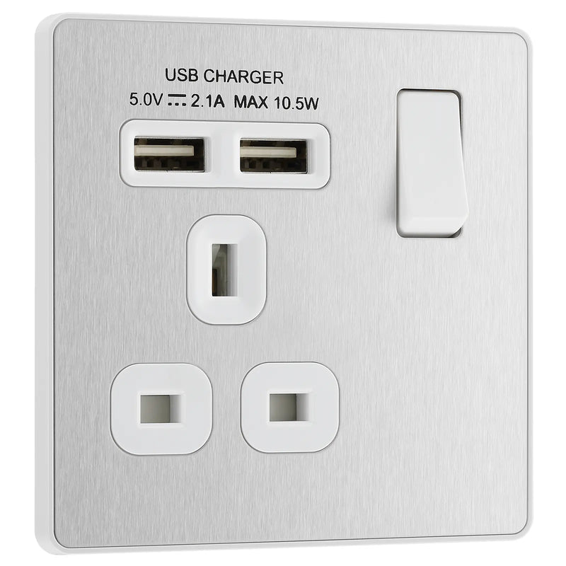 BG Electrical Evolve Brushed Steel - Single, switched, single pole, with 2 x USB A