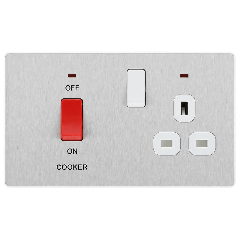BG Electrical Evolve Brushed Steel - 45A double pole with switched socket and indicators