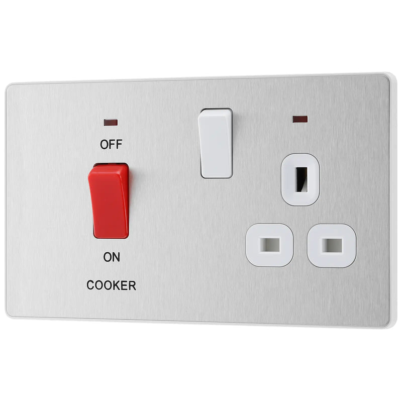 BG Electrical Evolve Brushed Steel - 45A double pole with switched socket and indicators