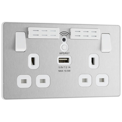 BG Electrical Evolve Brushed Steel - Double, switched, single pole, WiFi Extender + USB A
