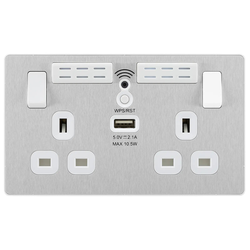 BG Electrical Evolve Brushed Steel - Double, switched, single pole, WiFi Extender + USB A