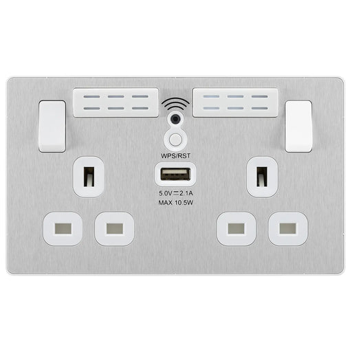 BG Electrical Evolve Brushed Steel - Double, switched, single pole, WiFi Extender + USB A