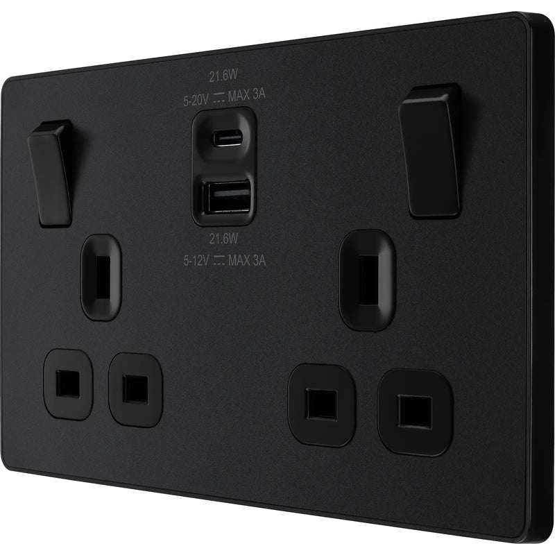 BG Electrical Evolve Matt Black - Double switched single pole, with USB A + C (22W)