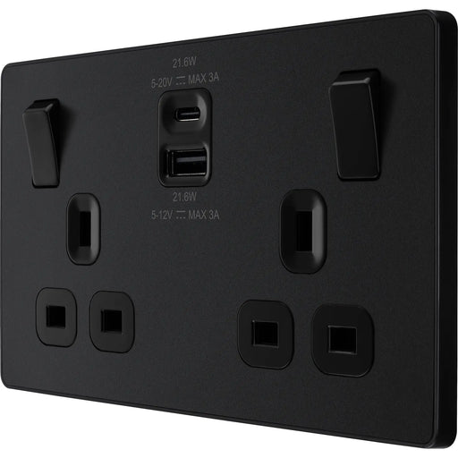 BG Electrical Evolve Matt Black - Double switched single pole, with USB A + C (22W)