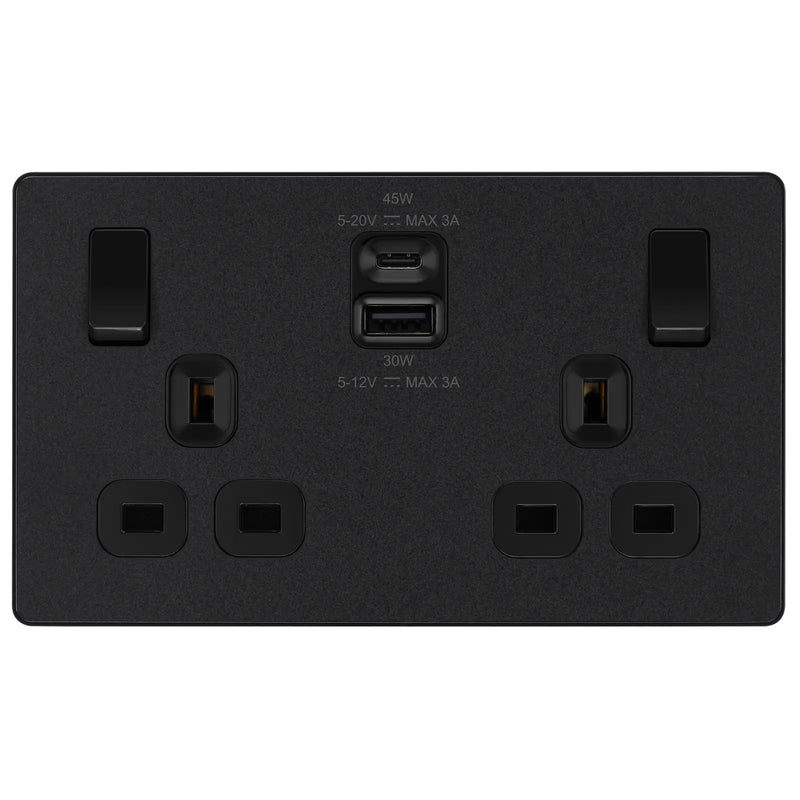 BG Electrical Evolve Matt Black - Double switched single pole, with USB A + C (45W)