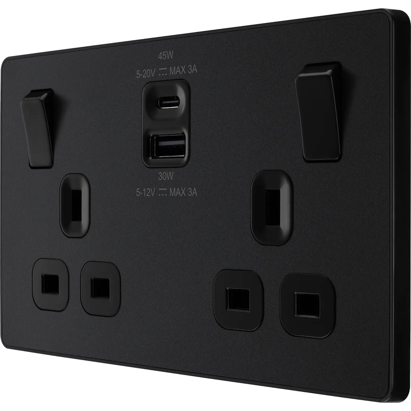 BG Electrical Evolve Matt Black - Double switched single pole, with USB A + C (45W)