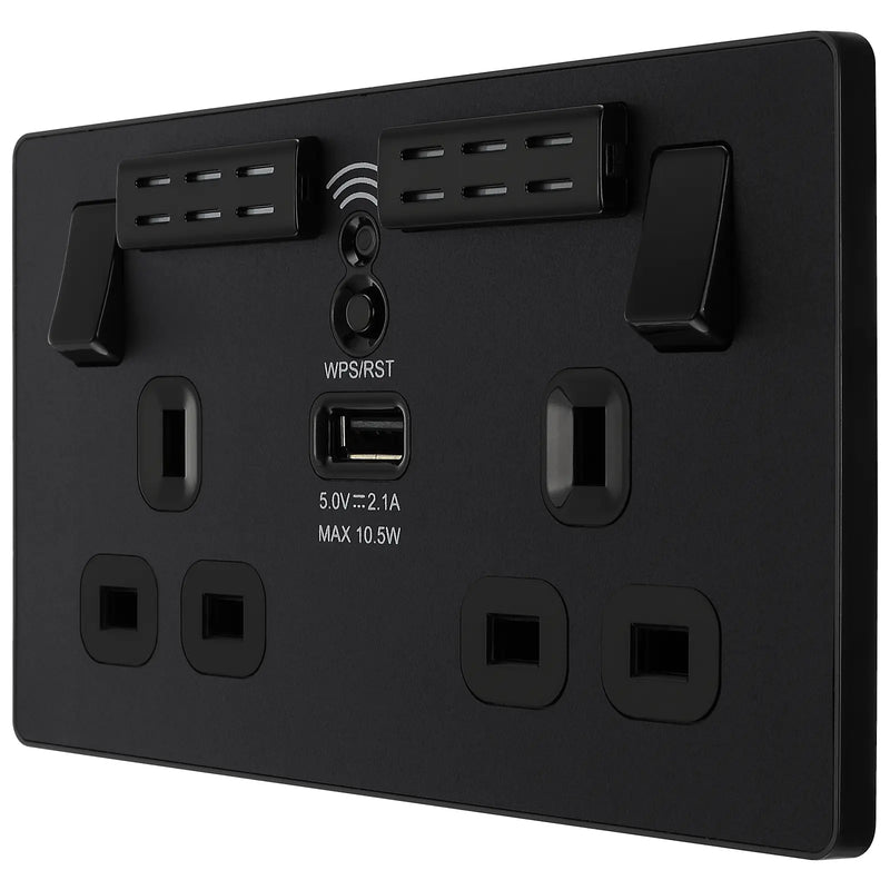 BG Electrical Evolve Matt Black - Double, switched, single pole, WiFi Extender + USB A