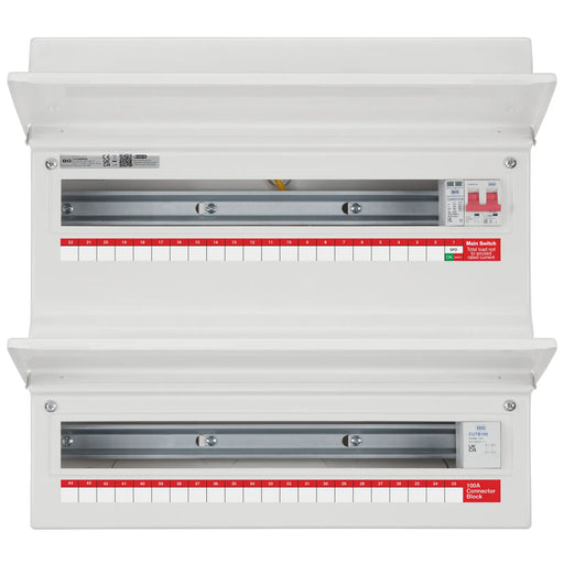 BG Circuit Protection Dual Row - 48 module, 43 way, 100A Main Switch, 100A Connector Block, Type 2 SPD