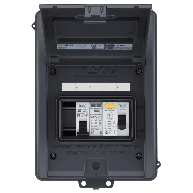 Sync Energy EV Circuit Protection - 5 Module EV Consumer Unit with 40A 30mA Type A RCD, 40A MCB, Type 2 SPD, IP65 - Grey