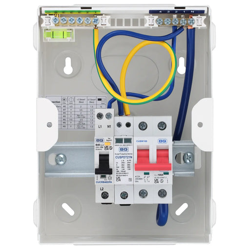 Sync Energy EV Circuit Protection - 5 module, White, 100A Main Switch, 40A 30mA Double Pole RCBO, Type 2 SPD + 1 spare way