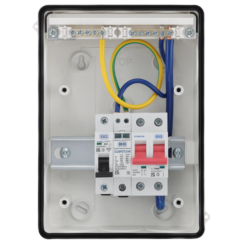 Sync Energy EV Circuit Protection - 5 Module EV Consumer Unit with 100A Main Switch, SPD, MCB, IP65 - White