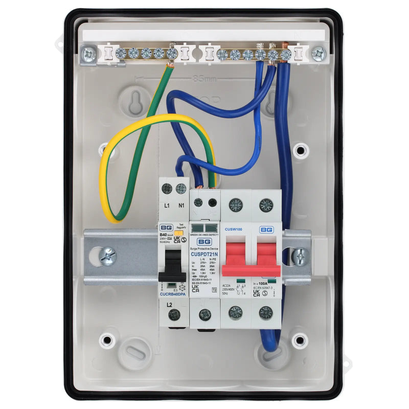 Sync Energy EV Circuit Protection - 5 Module EV Consumer Unit 100A with Main Switch, RCBO, SPD, IP65 - White