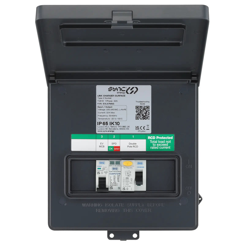 Sync Energy Link EV - Link EV Charger Recessed and Surface Socket 7.4kW with Metal Control Box - Wi-Fi / LAN Connection