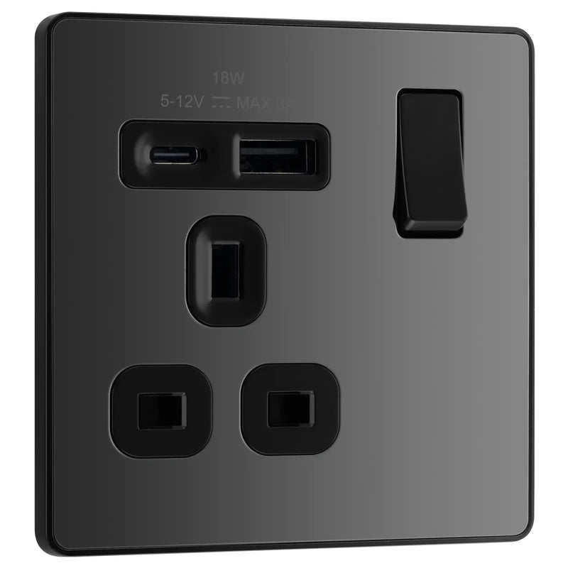 BG Electrical Evolve Black Chrome - Single, switched, single pole, with 1 x USB A + 1 x USB C