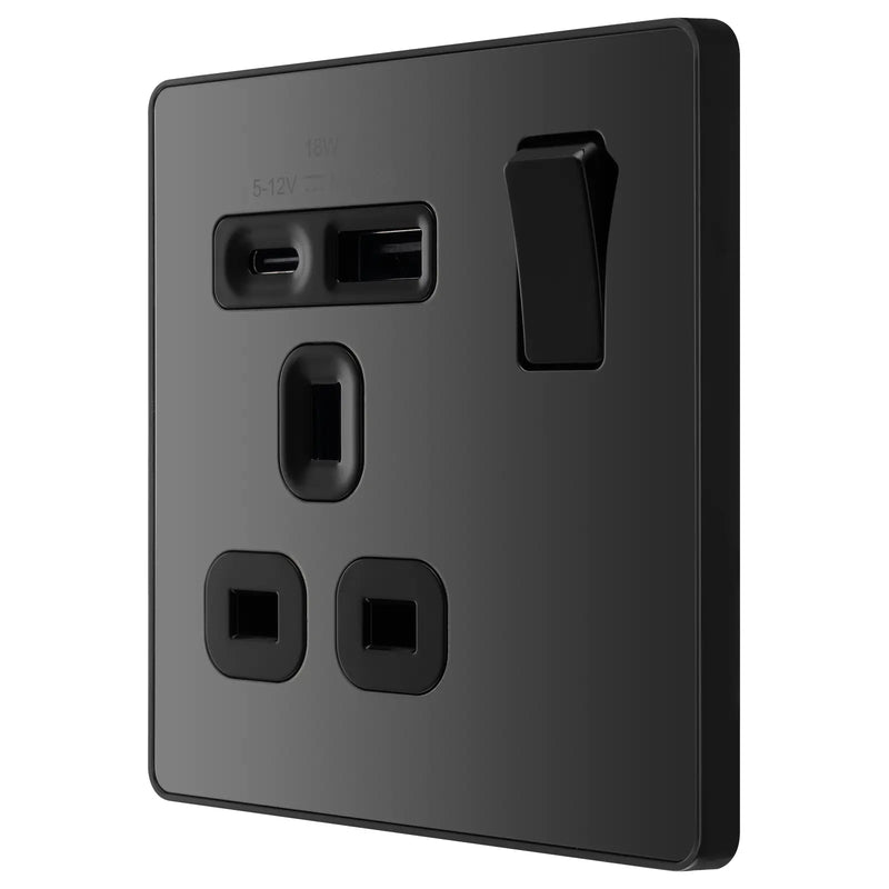BG Electrical Evolve Black Chrome - Single, switched, single pole, with 1 x USB A + 1 x USB C