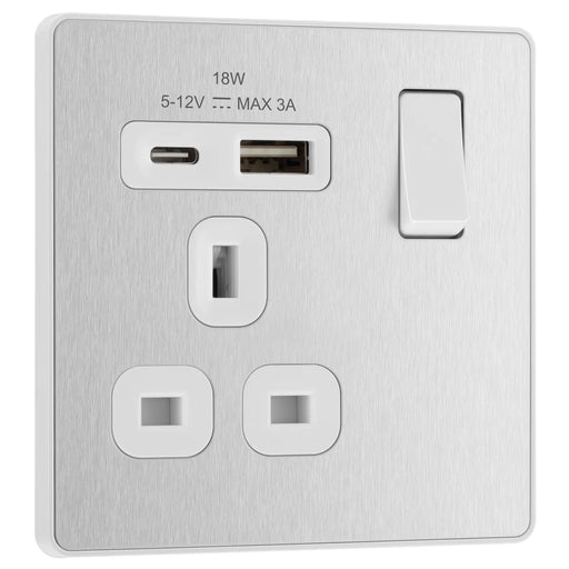 BG Electrical Evolve Brushed Steel - Single, switched, single pole, with 1 x USB A + 1 x USB C