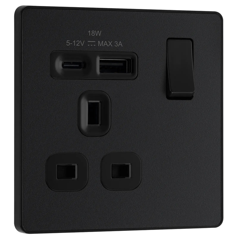 BG Electrical Evolve Matt Black - Single, switched, single pole, with 1 x USB A + 1 x USB C