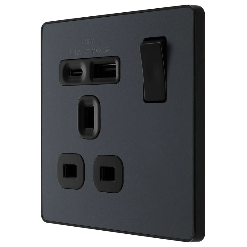 BG Electrical Evolve Matt Grey - Single, switched, single pole, with 1 x USB A + 1 x USB C