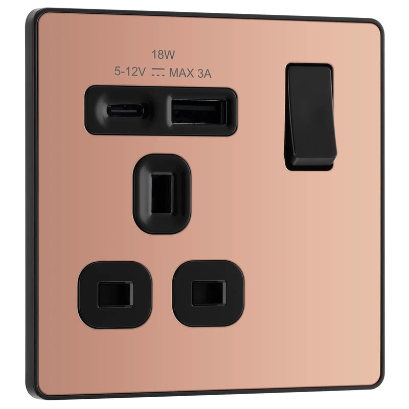 BG Electrical Evolve Polished Copper - Single, switched, single pole, with 1 x USB A + 1 x USB C