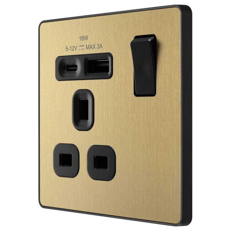 BG Electrical Evolve Satin Brass - Single, switched, single pole, with 1 x USB A + 1 x USB C