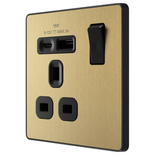BG Electrical Evolve Satin Brass - Single, switched, single pole, with 1 x USB A + 1 x USB C