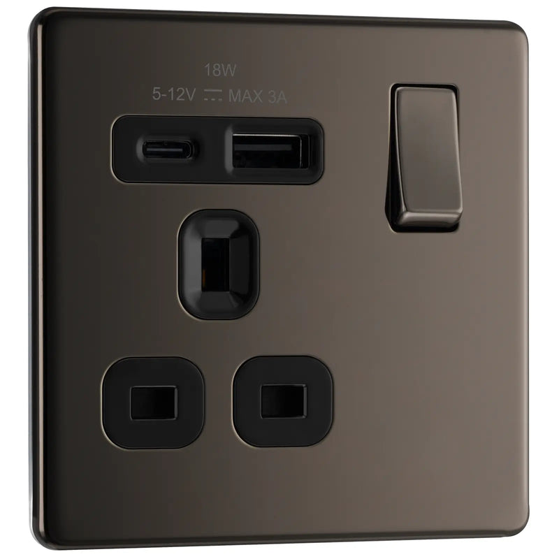 BG Electrical Flatplate Screwless Black Nickel - Single, switched, single pole, with 1 x USB A + 1 x USB C