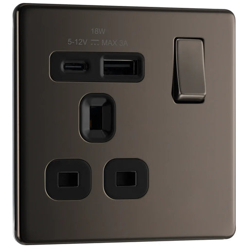 BG Electrical Flatplate Screwless Black Nickel - Single, switched, single pole, with 1 x USB A + 1 x USB C