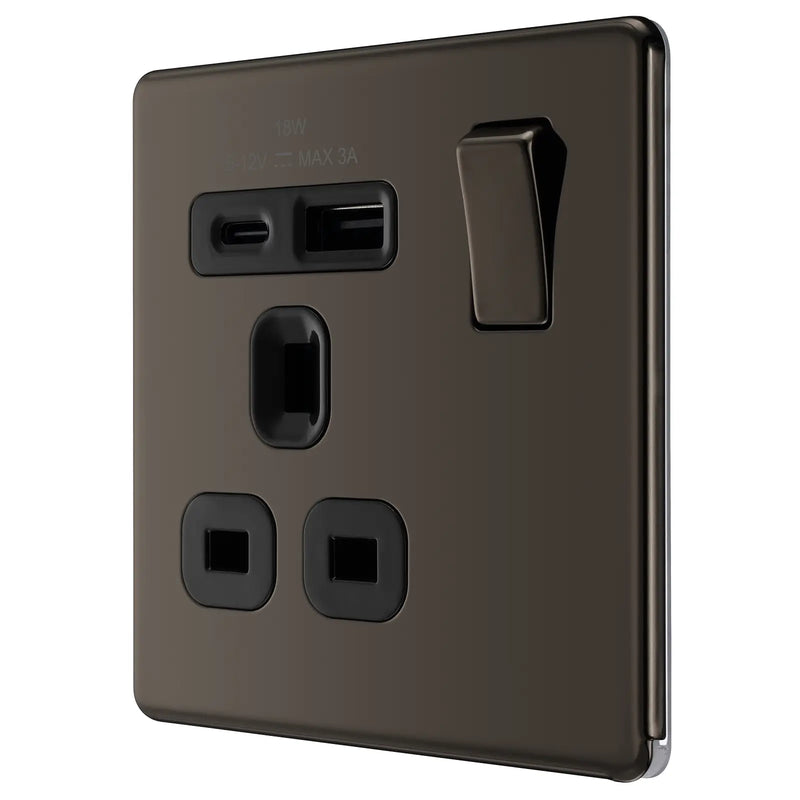 BG Electrical Flatplate Screwless Black Nickel - Single, switched, single pole, with 1 x USB A + 1 x USB C