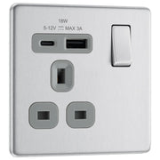 BG Electrical Flatplate Screwless Brushed Steel - Single, switched, single pole, with 1 x USB A + 1 x USB C