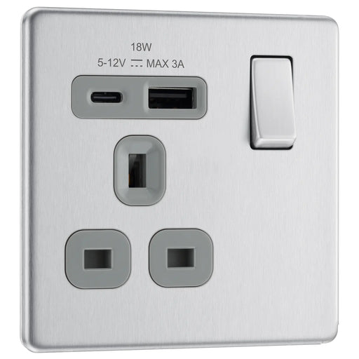 BG Electrical Flatplate Screwless Brushed Steel - Single, switched, single pole, with 1 x USB A + 1 x USB C