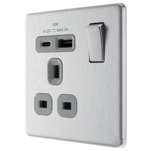 BG Electrical Flatplate Screwless Brushed Steel - Single, switched, single pole, with 1 x USB A + 1 x USB C