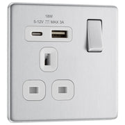 BG Electrical Flatplate Screwless Brushed Steel - Single, switched, single pole, with 1 x USB A + 1 x USB C