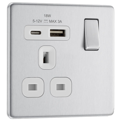 BG Electrical Flatplate Screwless Brushed Steel - Single, switched, single pole, with 1 x USB A + 1 x USB C