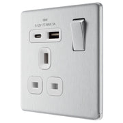 BG Electrical Flatplate Screwless Brushed Steel - Single, switched, single pole, with 1 x USB A + 1 x USB C