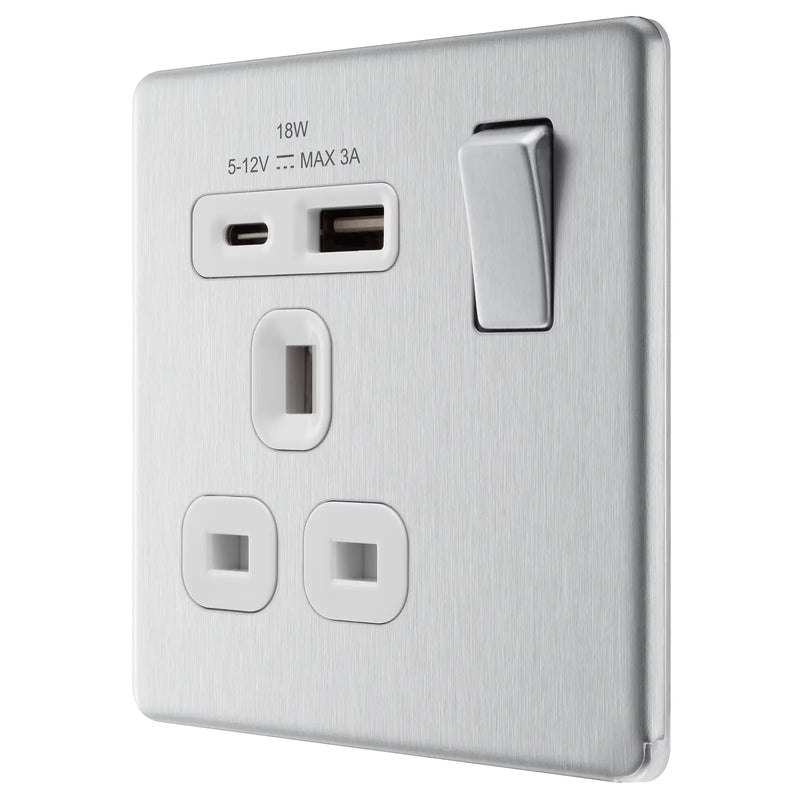 BG Electrical Flatplate Screwless Brushed Steel - Single, switched, single pole, with 1 x USB A + 1 x USB C