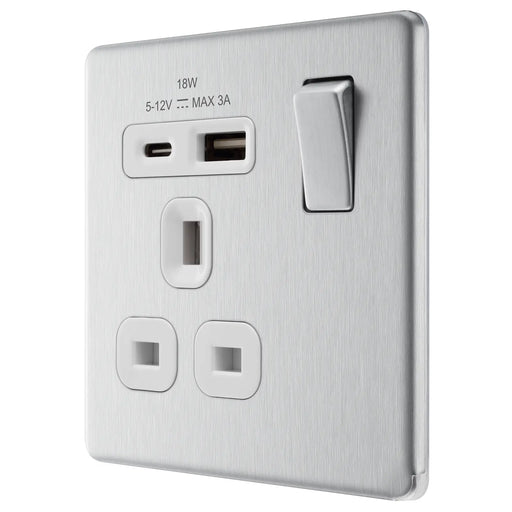 BG Electrical Flatplate Screwless Brushed Steel - Single, switched, single pole, with 1 x USB A + 1 x USB C