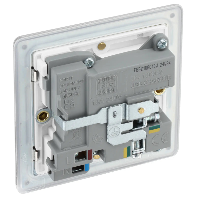 BG Electrical Flatplate Screwless Brushed Steel - Single, switched, single pole, with 1 x USB A + 1 x USB C
