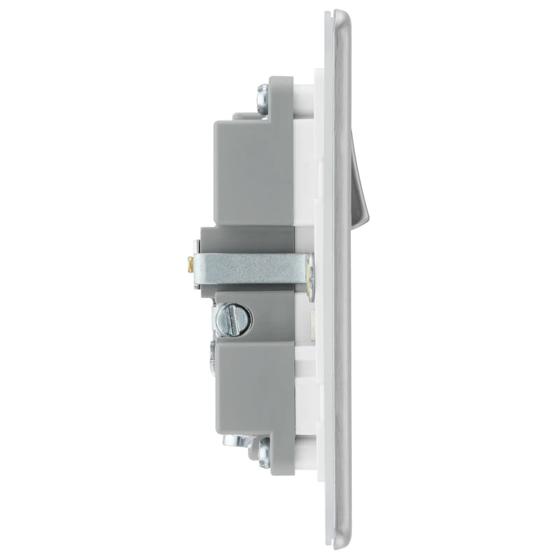 BG Electrical Flatplate Screwless Brushed Steel - Single, switched, single pole, with 1 x USB A + 1 x USB C