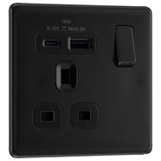 BG Electrical Flatplate Screwless Matt Black - Single, switched, single pole, with 1 x USB A + 1 x USB C