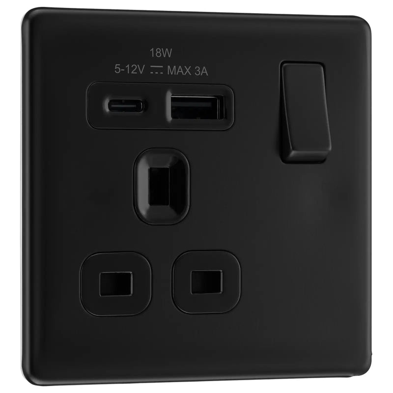 BG Electrical Flatplate Screwless Matt Black - Single, switched, single pole, with 1 x USB A + 1 x USB C
