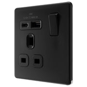 BG Electrical Flatplate Screwless Matt Black - Single, switched, single pole, with 1 x USB A + 1 x USB C
