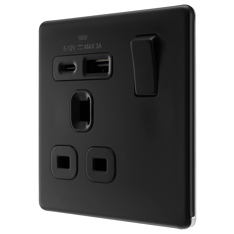 BG Electrical Flatplate Screwless Matt Black - Single, switched, single pole, with 1 x USB A + 1 x USB C