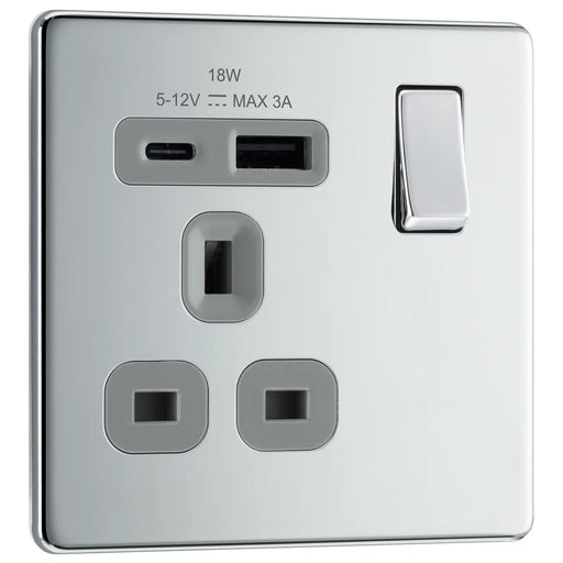 BG Electrical Flatplate Screwless Polished Chrome - Single, switched, single pole, with 1 x USB A + 1 x USB C
