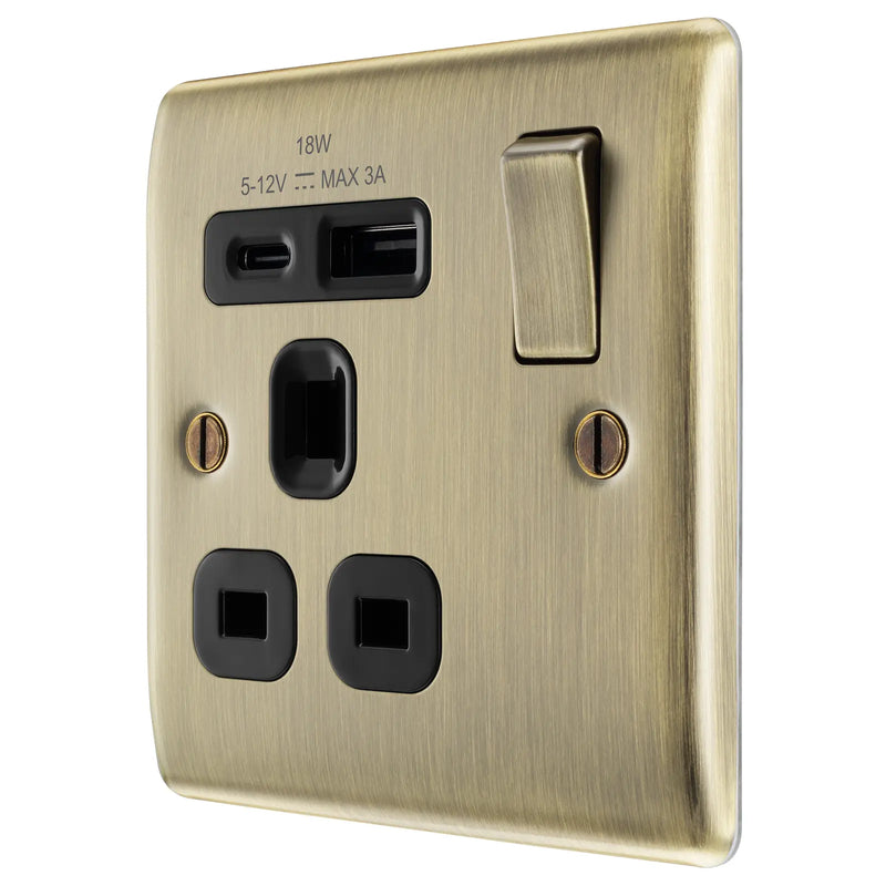 BG Electrical Nexus Metal Antique Brass - Single, switched, single pole, with 1 x USB A + 1 x USB C