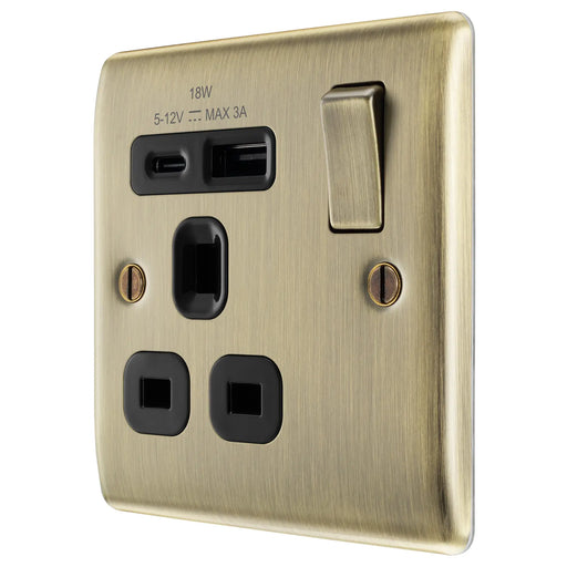 BG Electrical Nexus Metal Antique Brass - Single, switched, single pole, with 1 x USB A + 1 x USB C