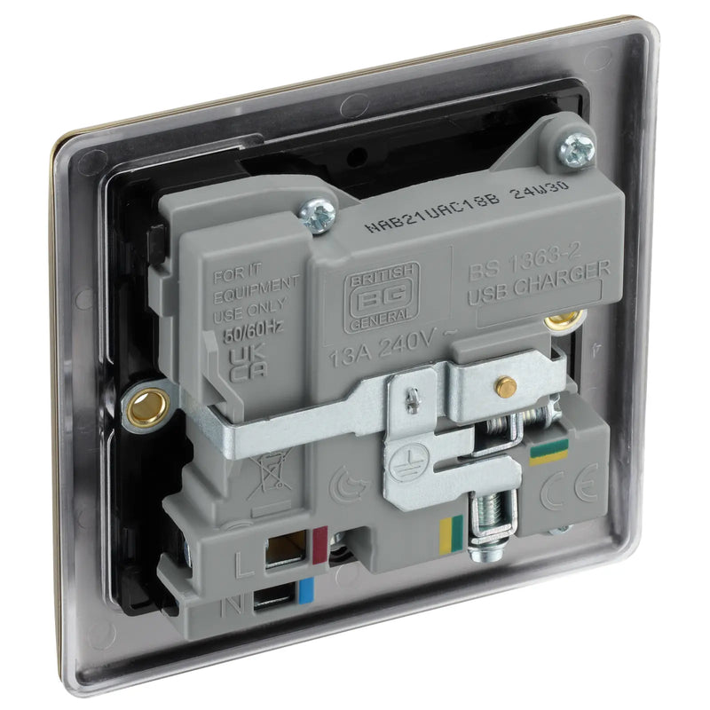 BG Electrical Nexus Metal Antique Brass - Single, switched, single pole, with 1 x USB A + 1 x USB C